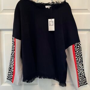 THML Black, White, Orange Fringed Sweater Animal Print NWT Size -Medium